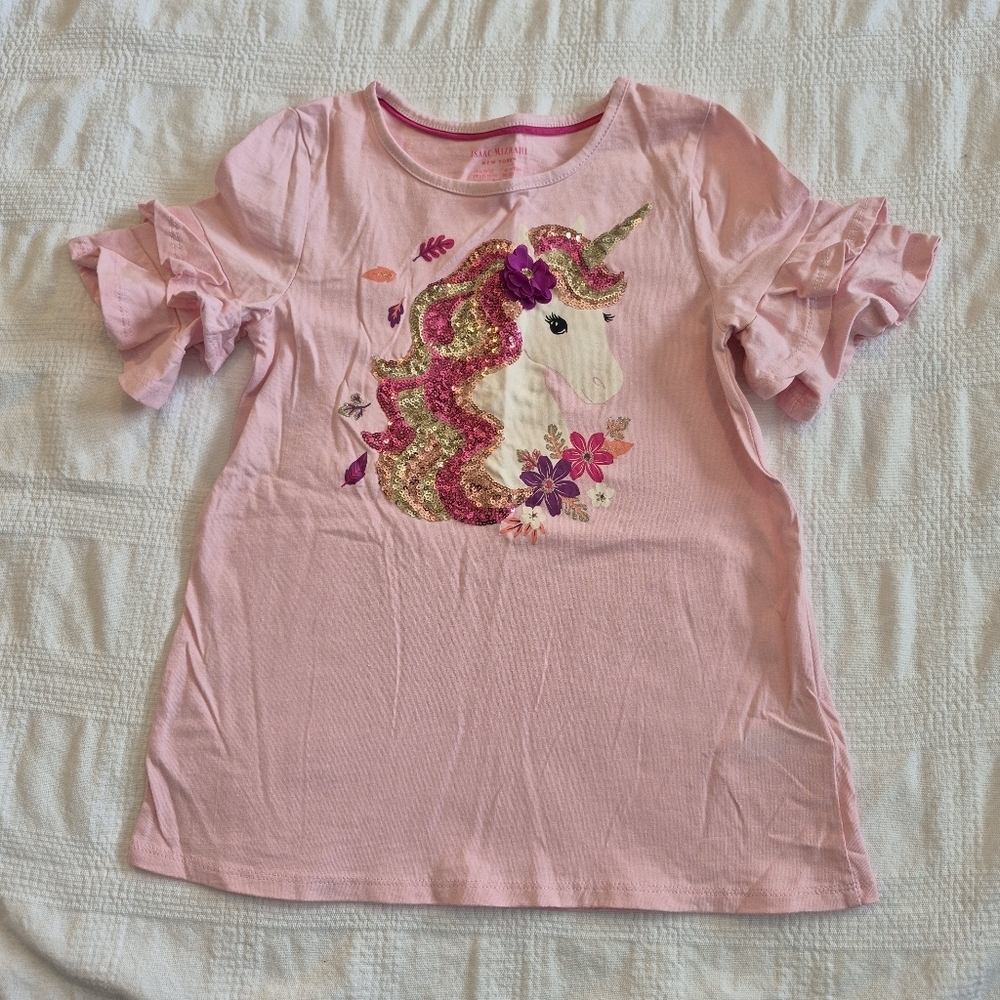Isaac Mizrahi girls size Large 10/12 pink ruffle sleeve unicorn shirt NWOT